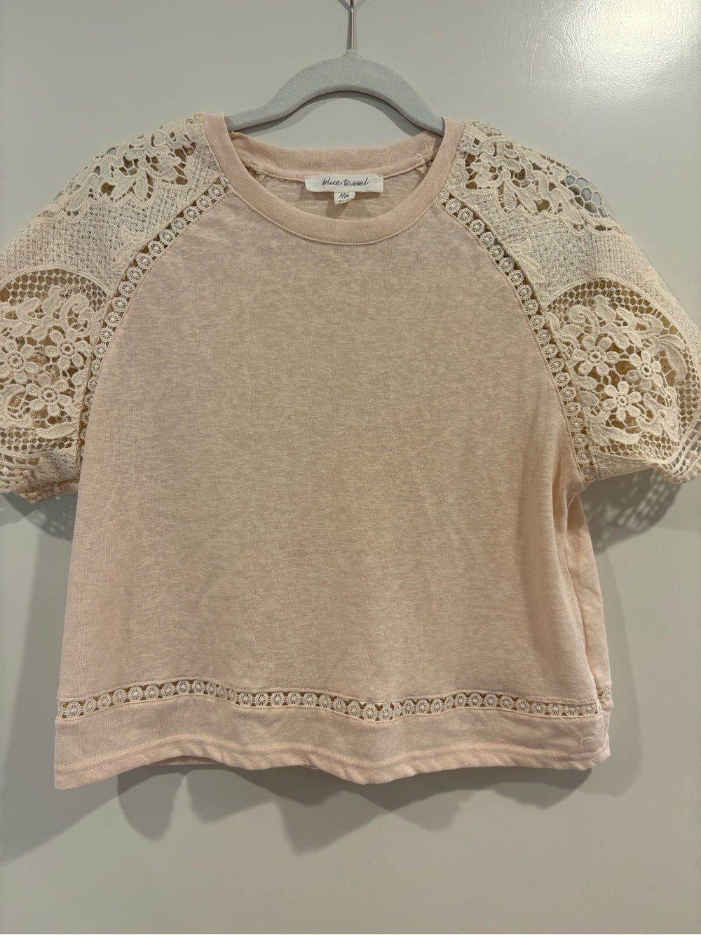 Anthropologie Pale Blush Cropped Crochet-Sleeve Tee